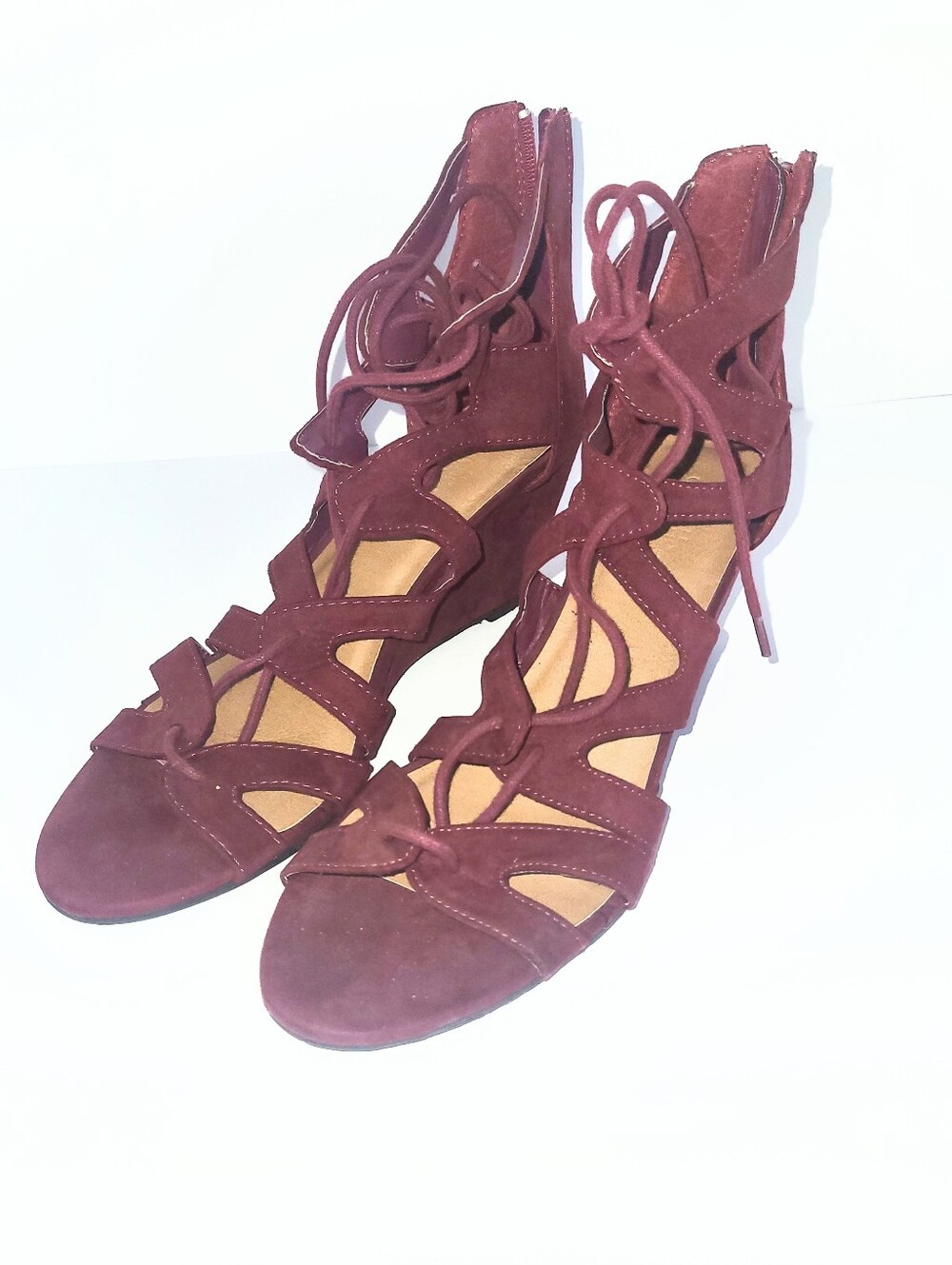 Charlotte Russe Burgundy Vegan Suede Lace Up Open Wedge Heel Size 9